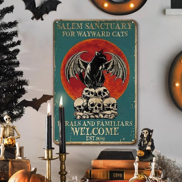 NWT SALEM Sanctuary for Wayward Cats 8x12 Tin Halloween Decor Sign - Picture 1 of 6